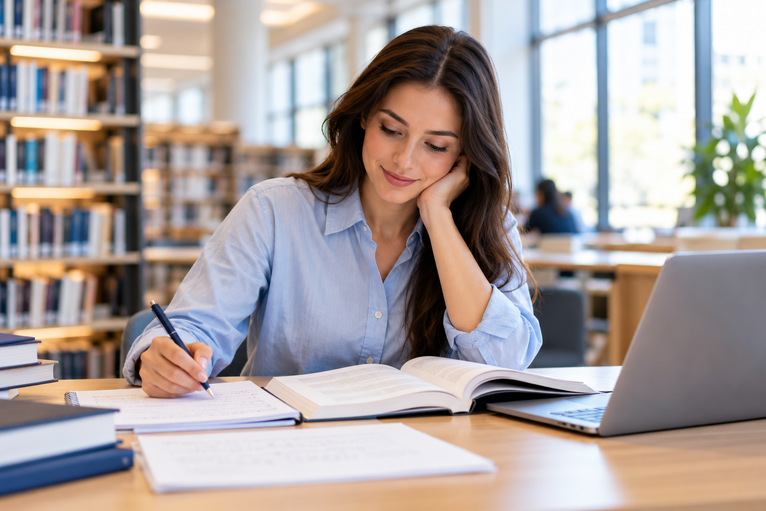 Student reviewing study materials in a bright library